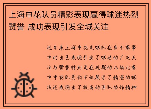 上海申花队员精彩表现赢得球迷热烈赞誉 成功表现引发全城关注